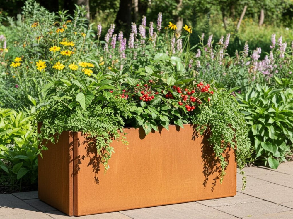 EDGY kompakt rektangulær plantekasse i cortenstål med blomster i naturhave