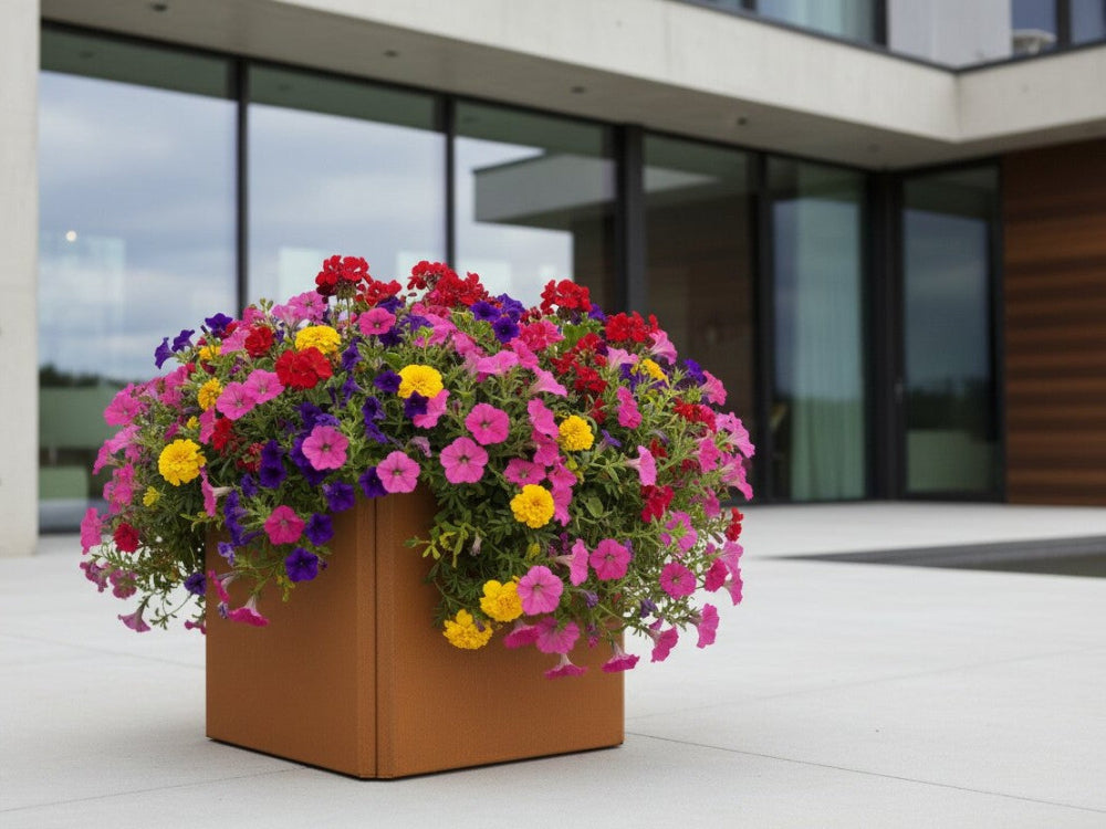 Lav plantekasse i cortenstål med blomster i moderne have foran stilrent hus