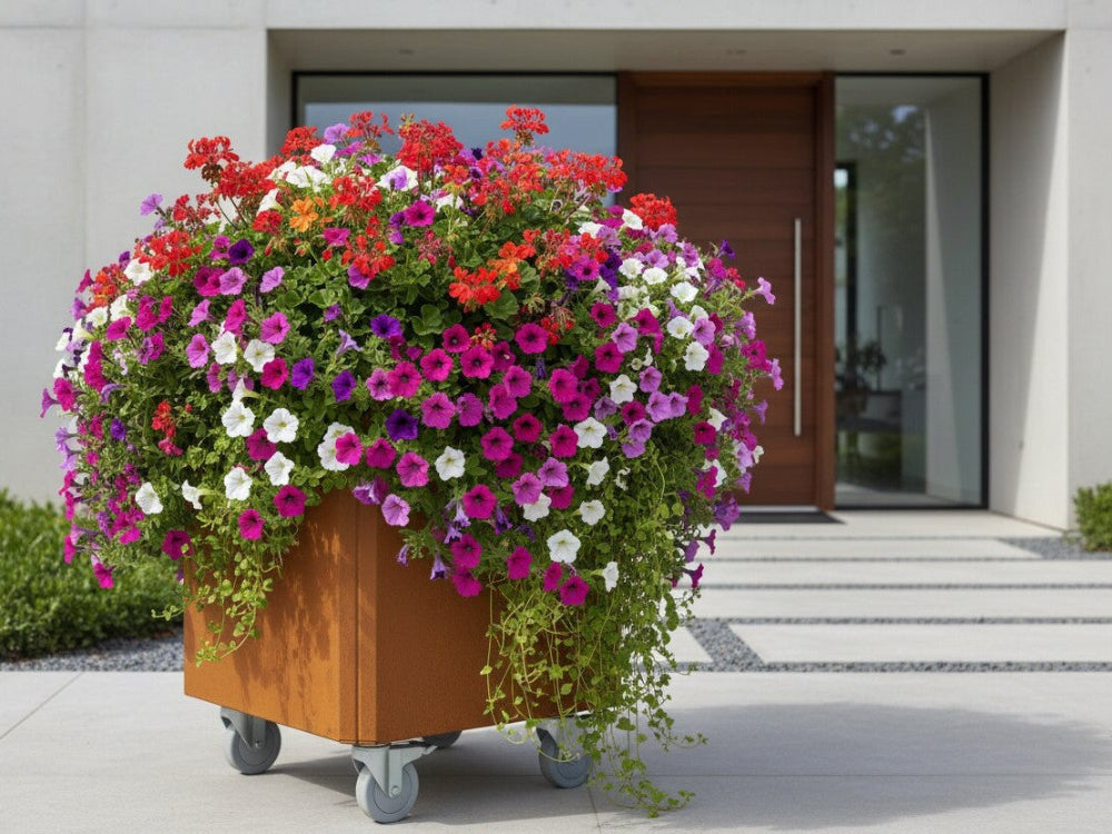 Plantekasse i cortenstål med hjul fyldt med farverige blomster foran moderne bolig
