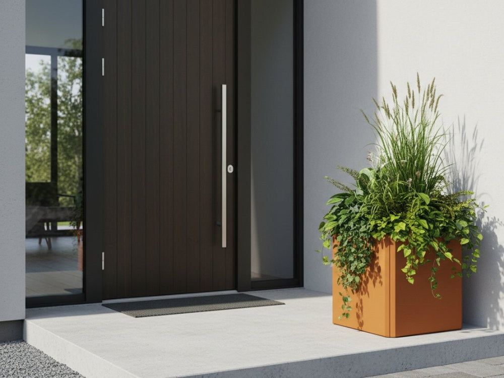 Plantekasse i cortenstål ved hoveddør med grøn beplantning i moderne og minimalistisk indgangsparti