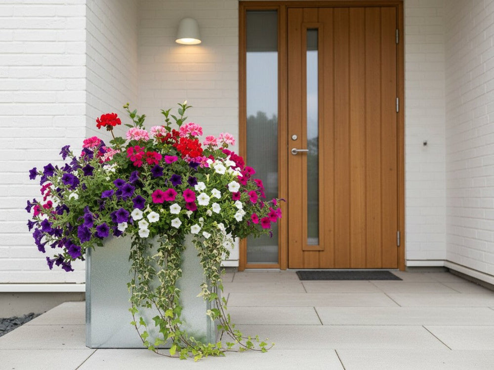EDGY plantekasse i galvaniseret stål ved entré med blomster