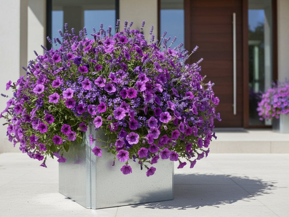EDGY plantekasse i galvaniseret stål med lilla blomster ved indgang