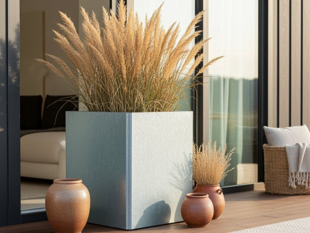EDGY plantekasse i galvaniseret stål med prydgræsser ved træbeklædt facade