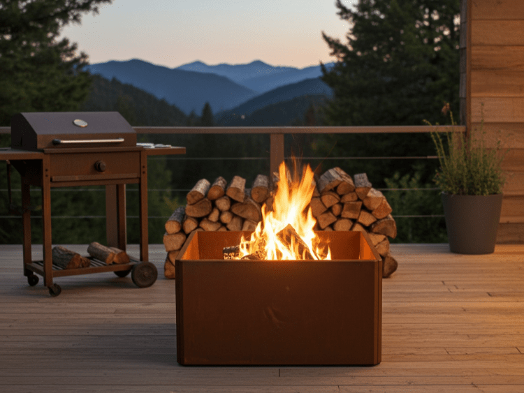 Firkantet bålkar i cortenstål med levende ild placeret på træterrasse med grill, brændestabel og udsigt til bjerge
