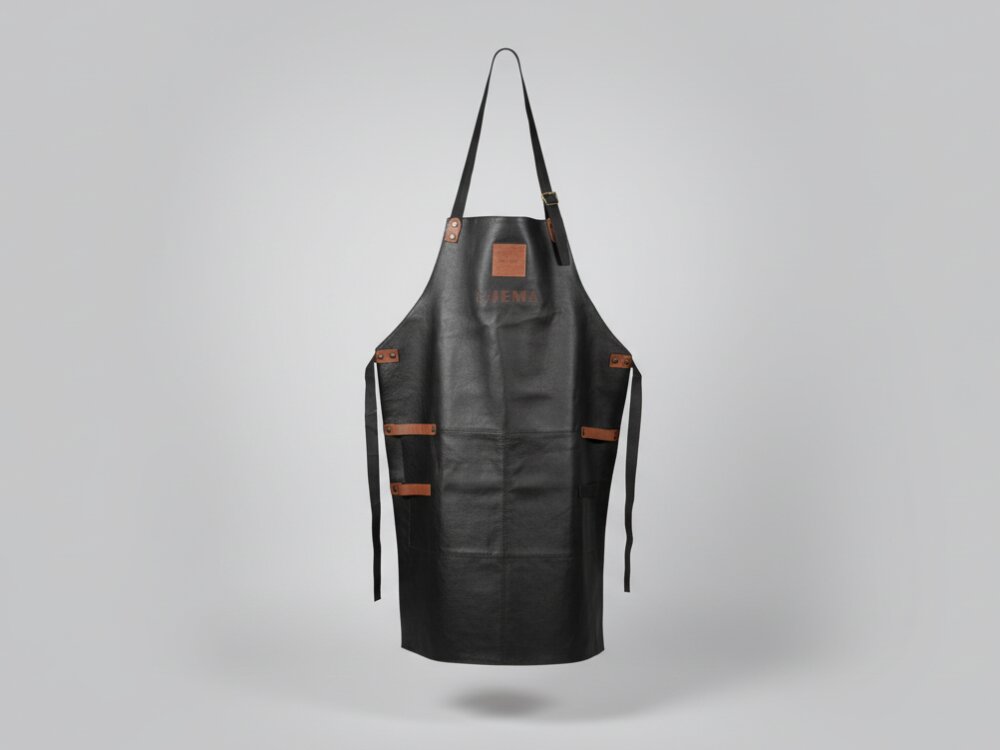 Forklæde i sort læder til grill og udekøkken