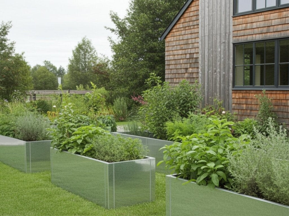 Galvaniserede højbed i stål med planter og urter langs facade i naturhave