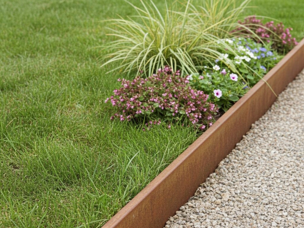 Græskant i cortenstål mellem græsplæne og blomsterbed med prydgræsser