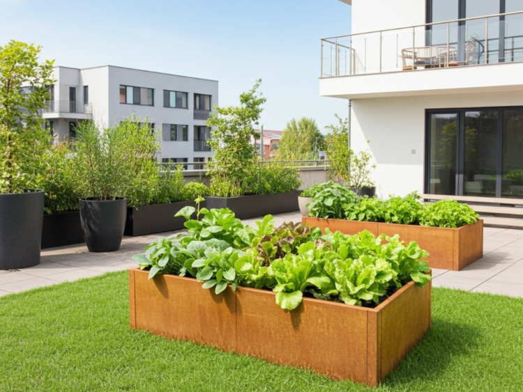 CUBY højbed i cortenstål med varm rustfarve, placeret i haven og beplantet med grøntsager i et moderne uderum.