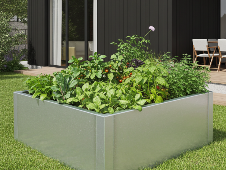 CUBY højbed i galvaniseret stål, 120 cm, anvendt som køkkenhave og beplantet med grøntsager i en moderne have.