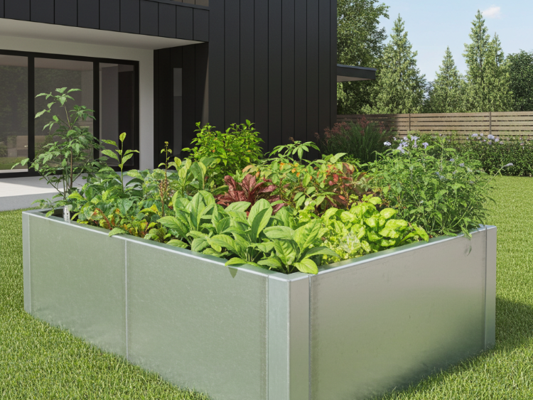 CUBY højbed i galvaniseret stål, placeret i haven og beplantet med grøntsager som tomater og salat.