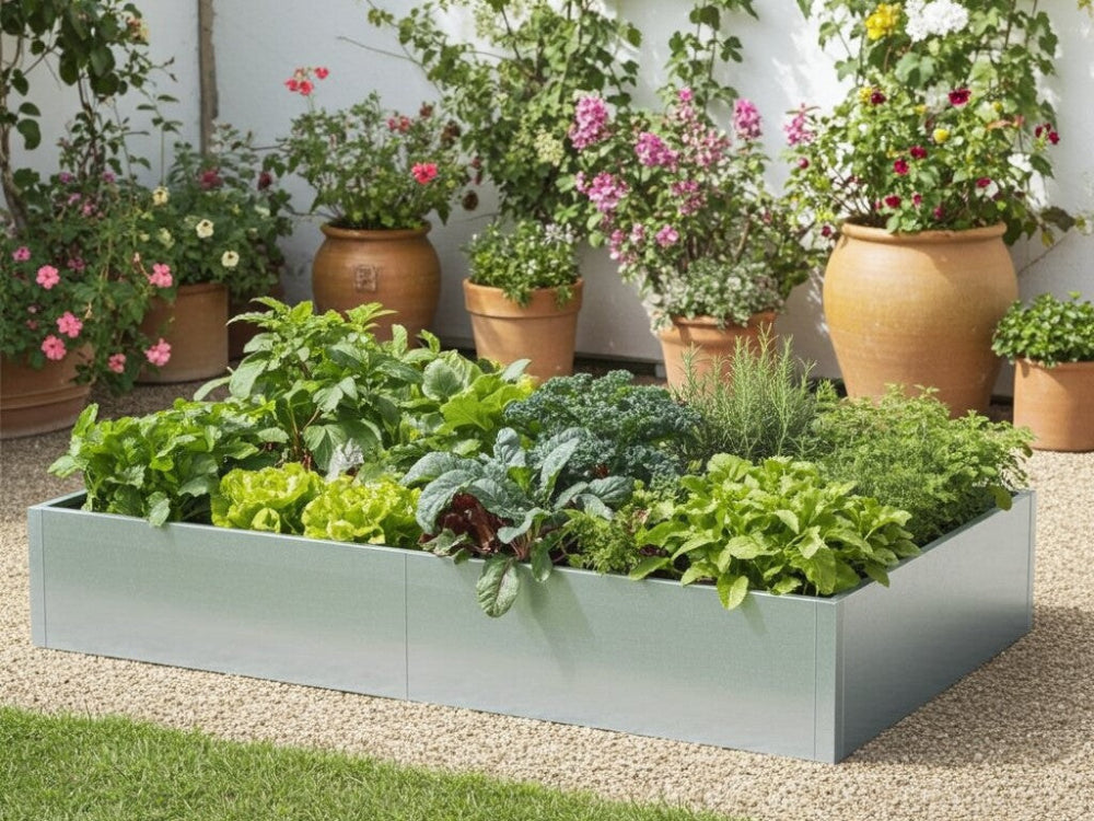 Højbed i galvaniseret stål med grøntsager og krydderurter i gårdhave med blomsterkrukker