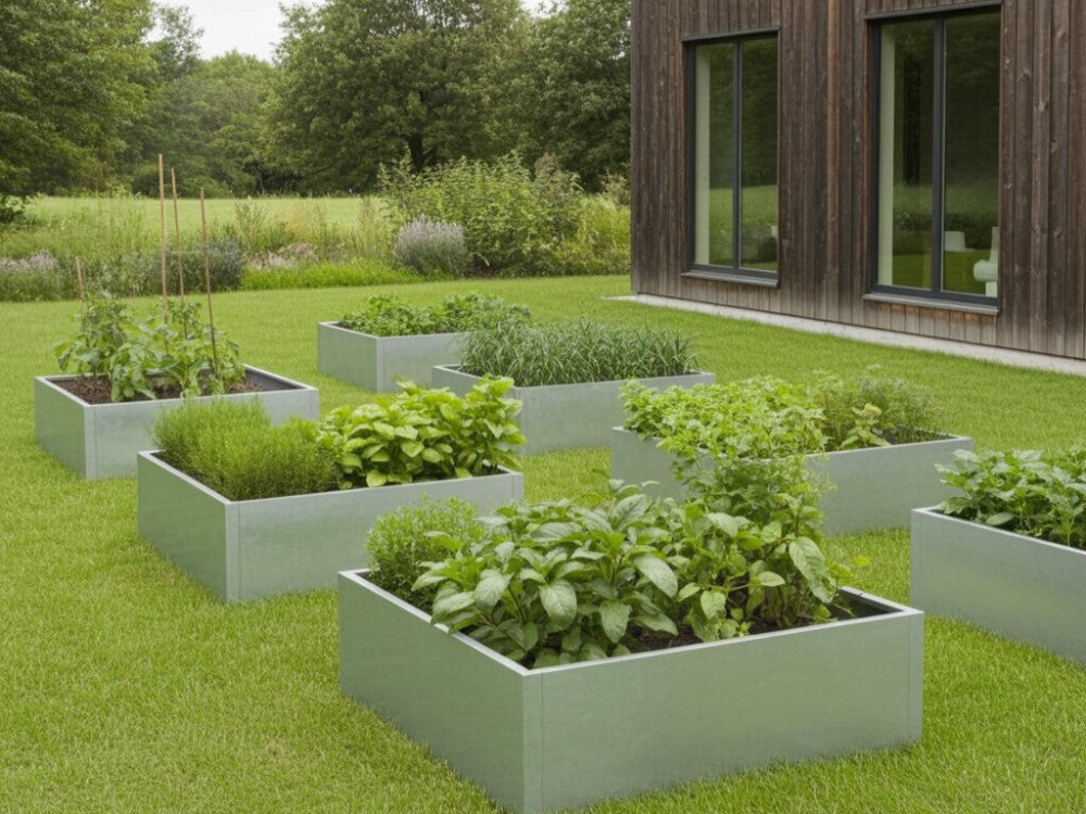 Højbed i galvaniseret stål med grøntsager og krydderurter i køkkenhave på græsplæne ved træhus