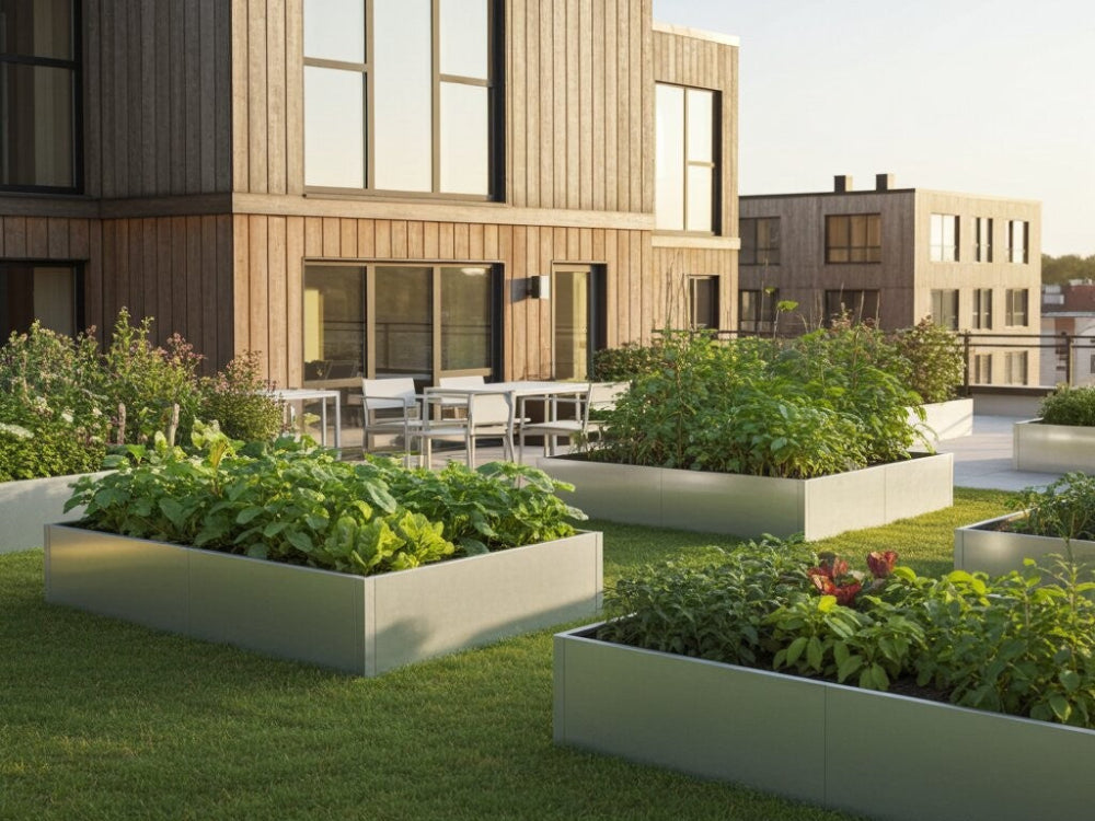 Højbed i galvaniseret stål med planter i moderne boligområde ved terrasse