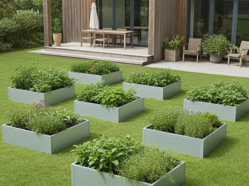 Flere galvaniserede højbed i stål med urter og grøntsager i moderne have ved terrasse