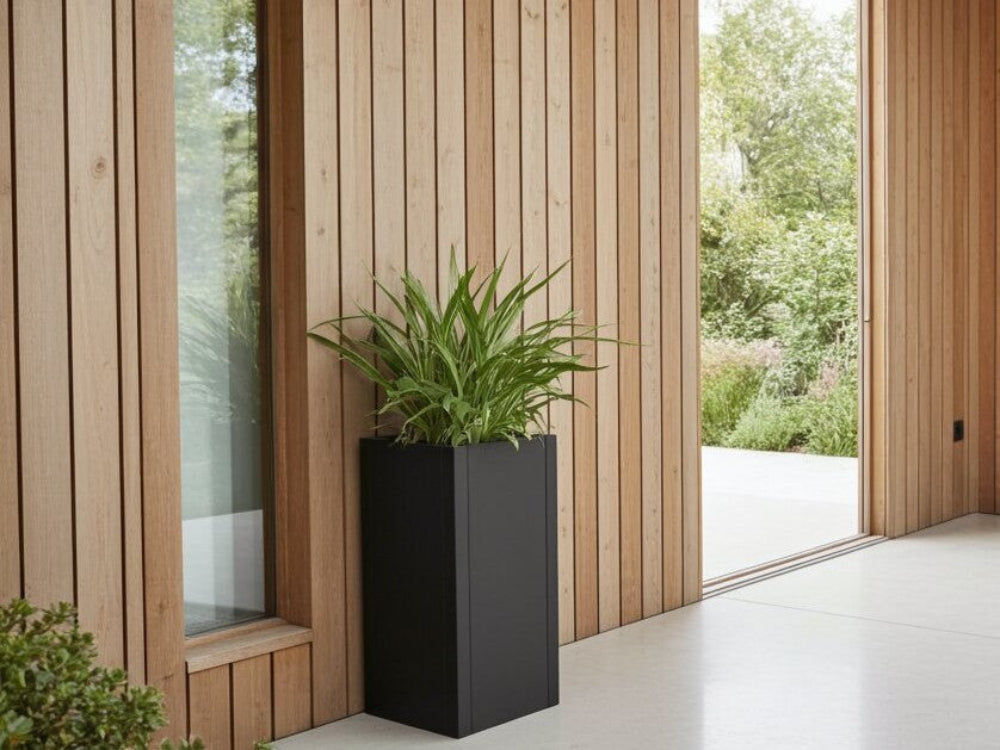 Sort plantekrukke i stål med grøn plante ved moderne træfacade