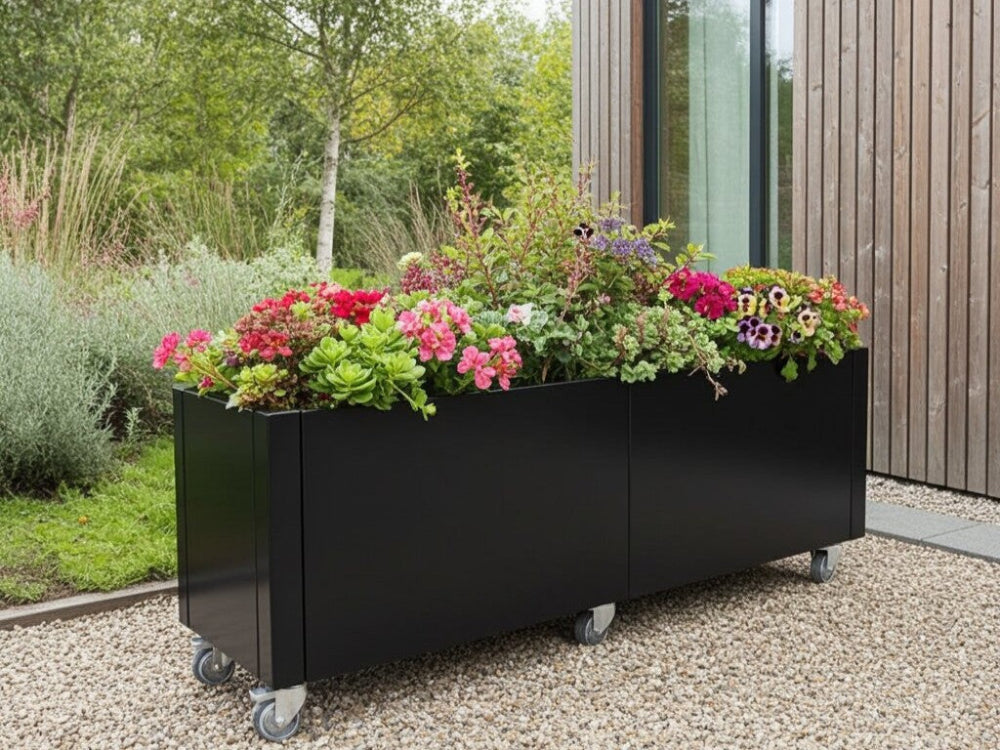 Sort plantekasse i stål på hjul med farverige sommerblomster i moderne have