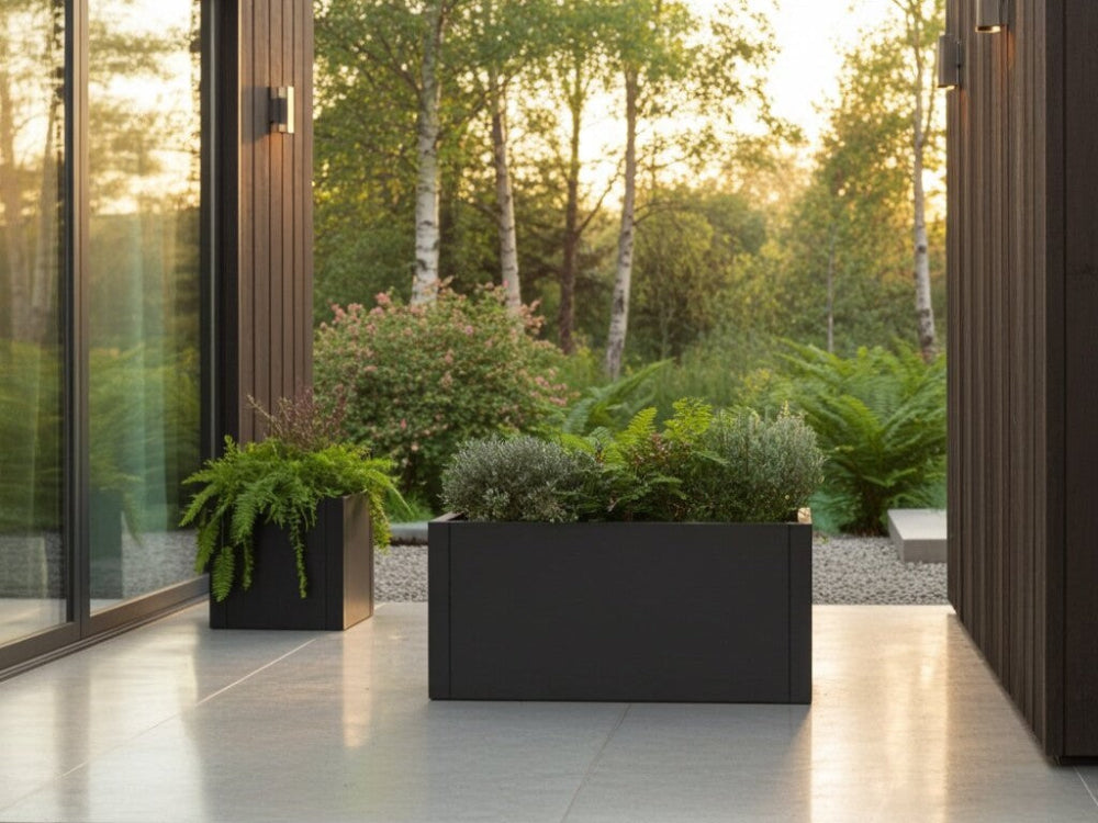Sort plantekasse i stål med grønne planter i moderne havegang mellem bygninger