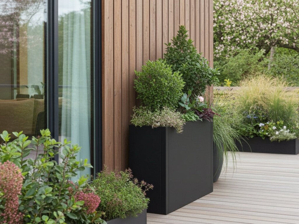 Moderne plantekasse i sort stål med varieret beplantning ved terrasse