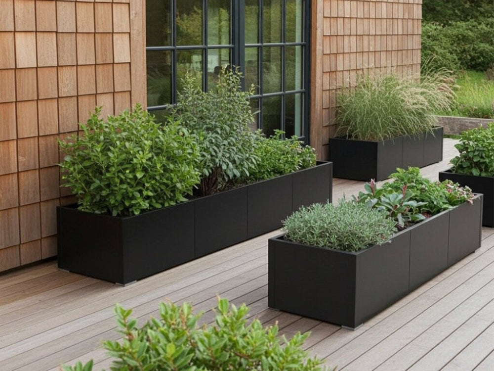 Sorte plantekasser i stål i forskellige længder med buske, bregner og prydgræsser ved moderne bolig
