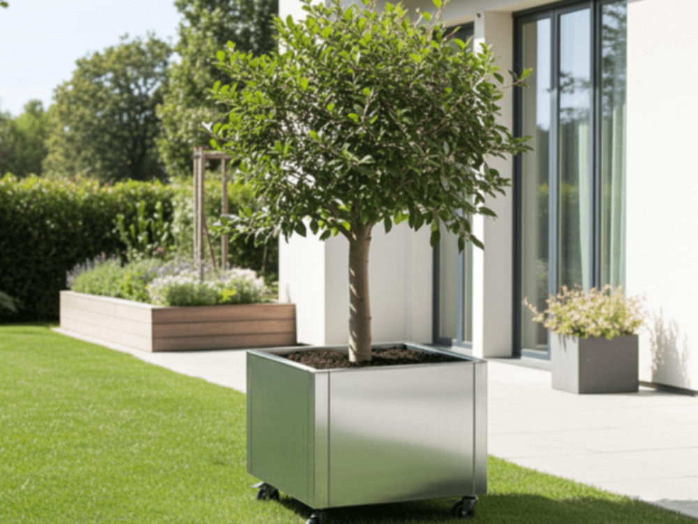 Galvaniseret plantekasse i med lille træ, ved moderne hus med terrasse og andre plantekasser i haven.