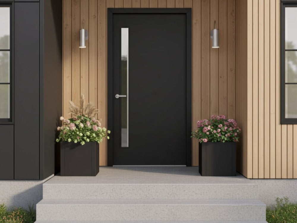 Sorte plantekasser i stål med blomster som velkomst ved moderne indgangsparti