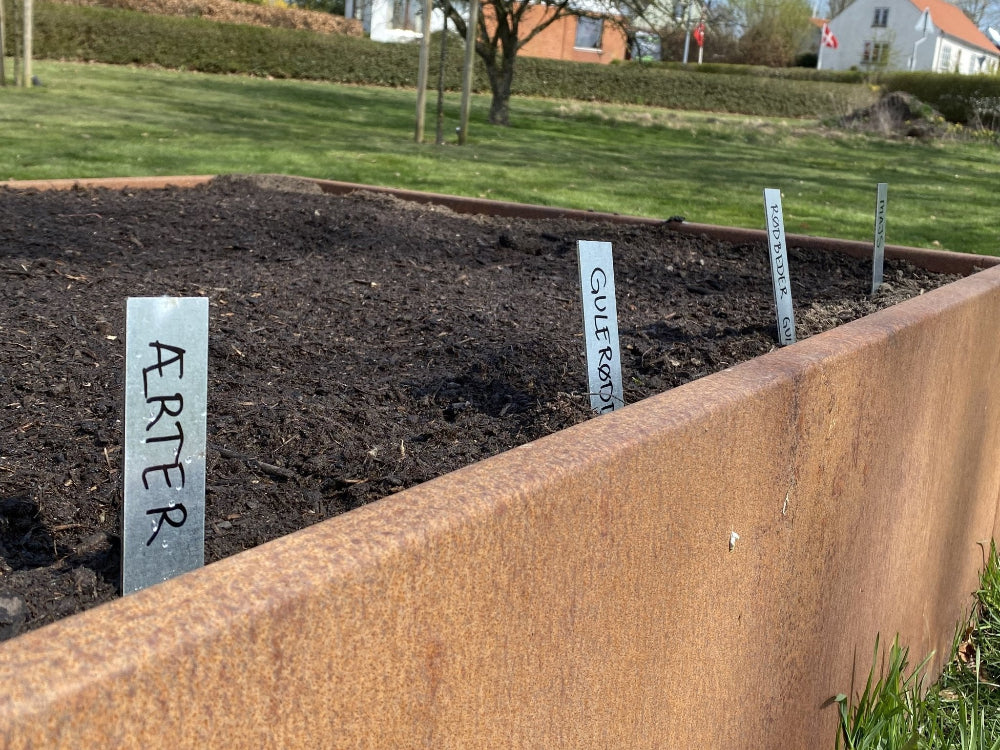 Planteskilte i galvaniseret stål i højbed til mærkning af grøntsager og krydderurter