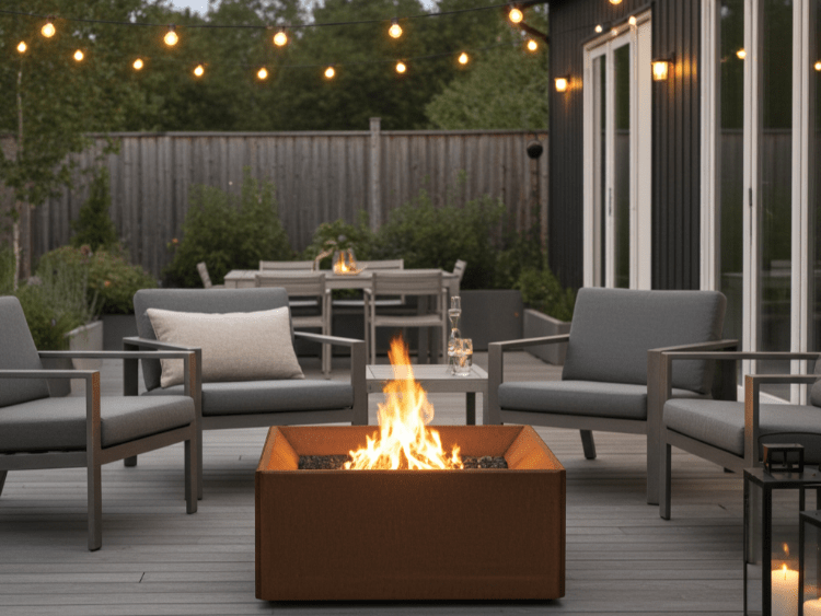Rektangulært bålkar i cortenstål med ild placeret på moderne træterrasse omgivet af loungemøbler og lyskæde