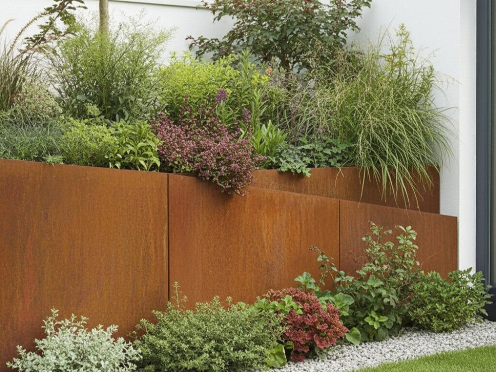 Skrånende støttemur i cortenstål med stauder og prydgræsser i plantebed