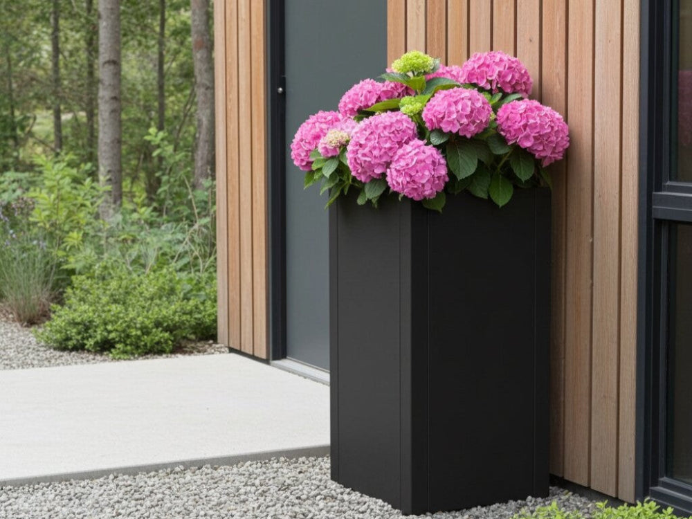 Høj sort plantekrukke i stål med pink hortensia ved træfacade