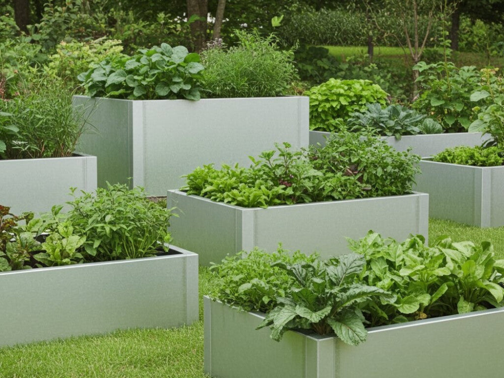 Galvaniserede højbede i forskellige specialmål placeret direkte på græs beplantet med urter og grøntsager.