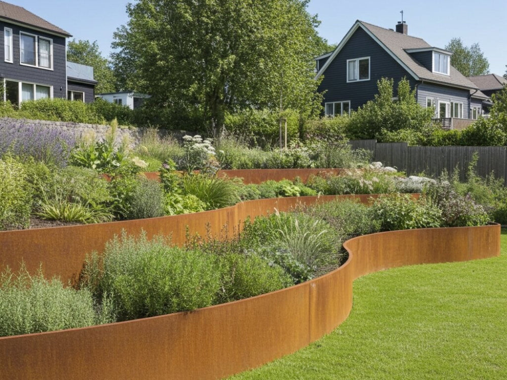 Buet støttemur i cortenstål til terrasseret blomsterbed i skrånende have