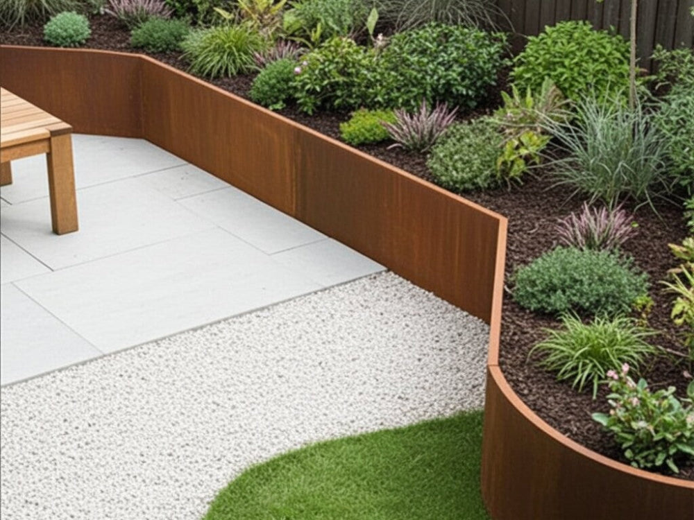 Indvendigt hjørne 45 grader til støttemur i cortenstål ved terrasse