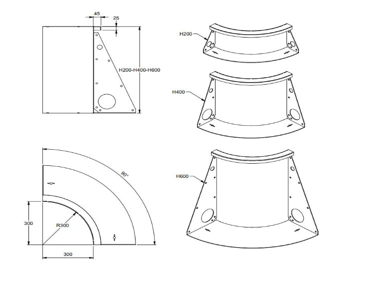 Teknisk tegning af støttemur i cortenstål med radius hjørne