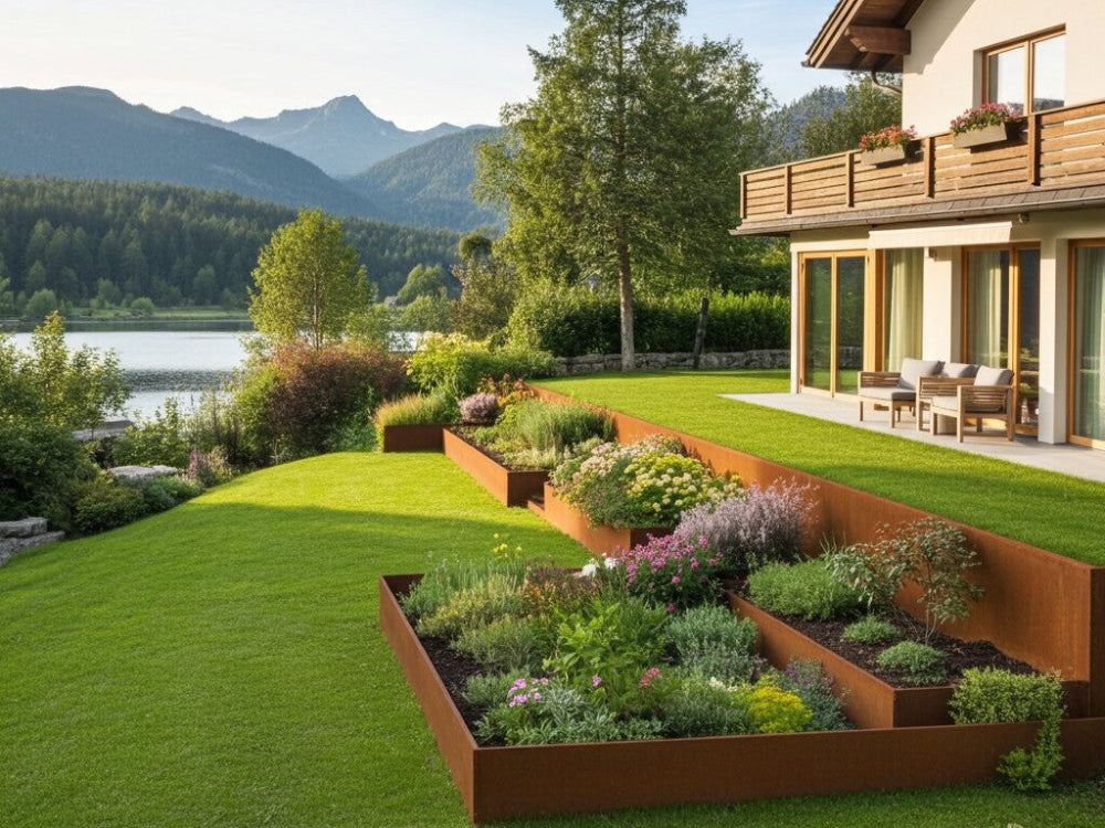Terrasserede støttemure i cortenstål i skrånende have med udsigt