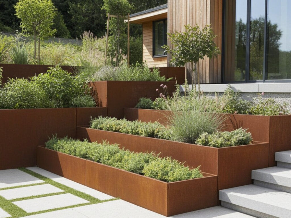 Terrasseret støttemur i cortenstål med plantebede ved træhus