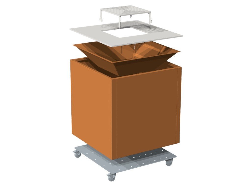 byJEMA bålgrill i cortenstål vist som eksploderet tegning – opbygning med topplade, grillrist, ildkumme og bund med hjul