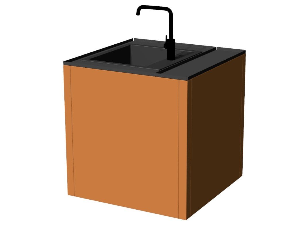 3D visualisering af cortenstål udekøkken vask modul med integreret vask