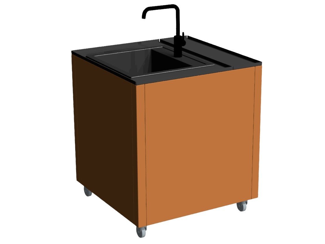 Mobilt udekøkken vask modul i cortenstål med hjul og sort bordplade