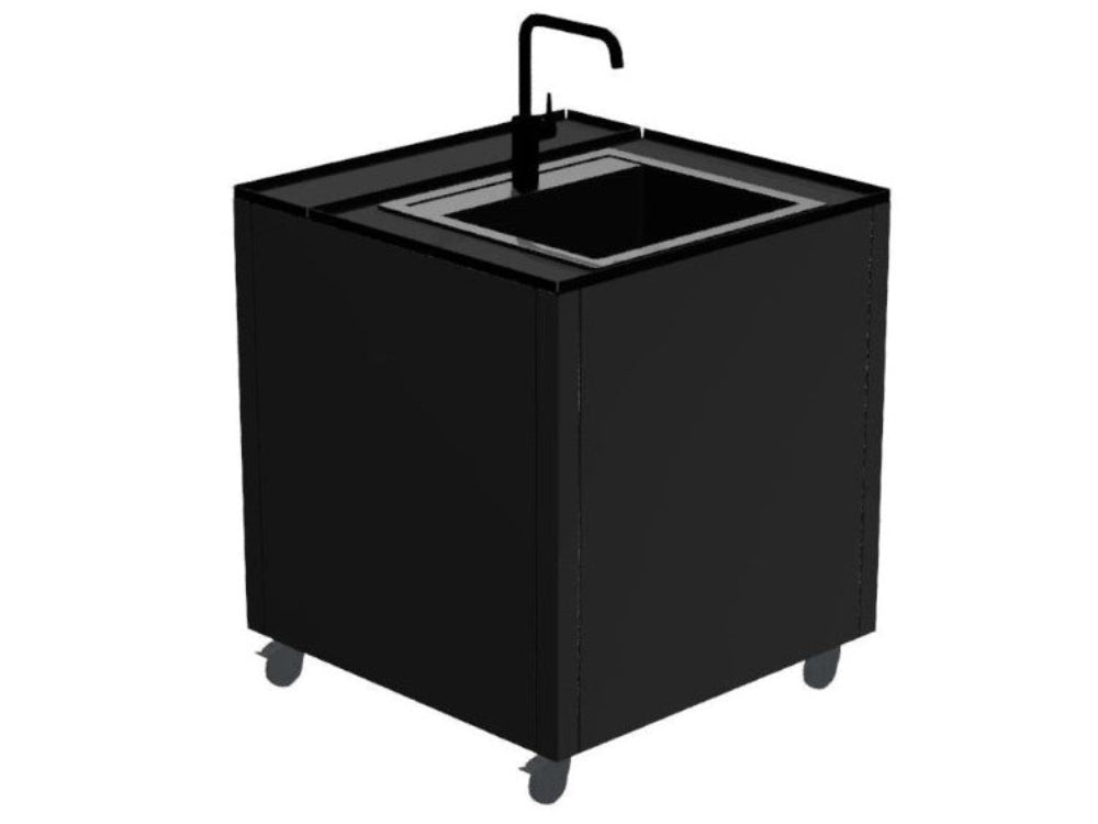 CUBY vaskmodul i vådlakeret sort stål med hjul og sort vask