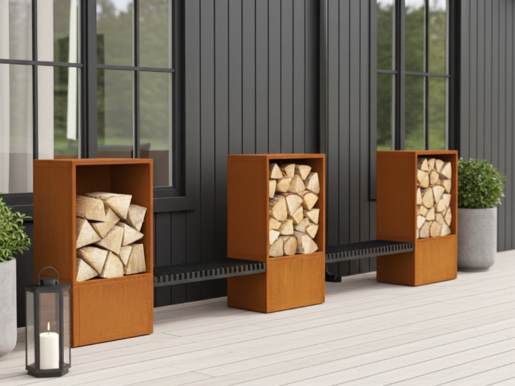 3 brændeskjul i cortenstål med 2 bænke integreret. 
Placeret ved smuk sort facade