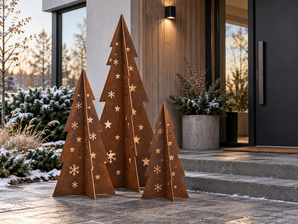 Juletræ i cortenstål – med stjerner og snefnug (80 / 120 / 180 cm)