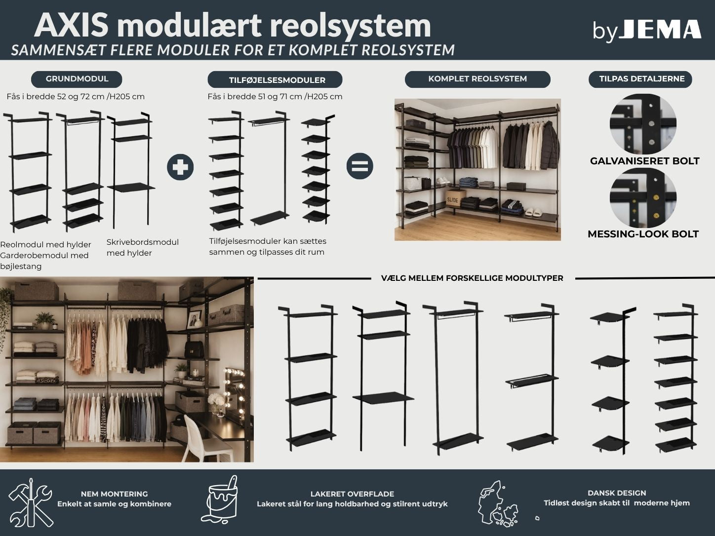 Garderobesystem AXIS 72 x H205 cm – Sortlakeret bordplade plus 2 hylder