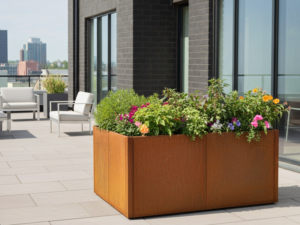 Vinkel plantekasse i cortenstål CUBY 185 x 115 x 40 x 80 cm