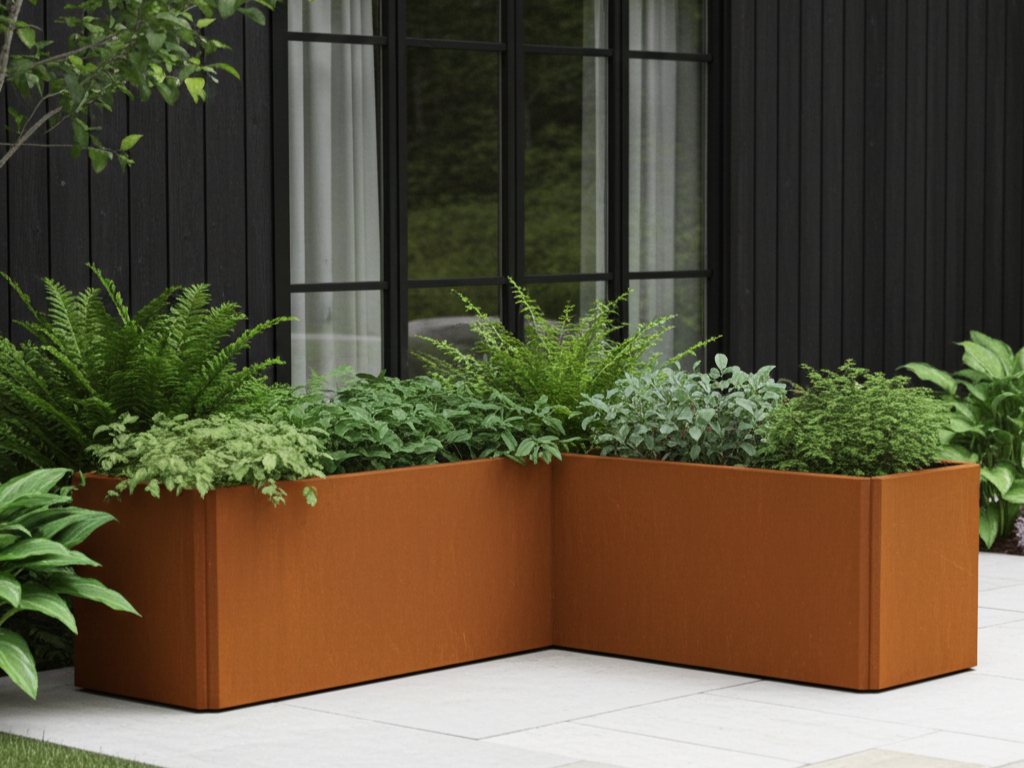 Vinkel plantekasse i cortenstål EDGY 117 x 117 x 40 x 40 cm