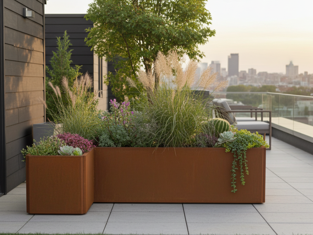 Vinkel plantekasse i cortenstål EDGY 117 x 117 x 40 x 40 cm