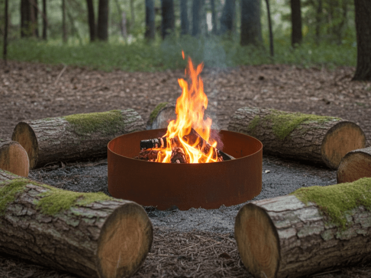 Rundt bålkar i cortenstål placeret i skoven omgivet af træstammer og åben ild