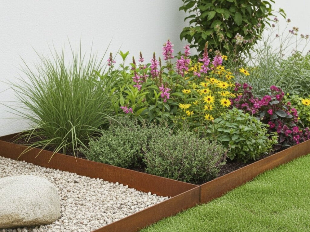 Bedkant i cortenstål med blomster og stauder i havebed ved villa