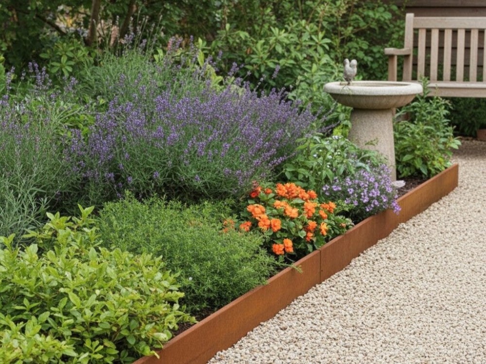 bedkant-cortenstål-staudehave-grussti-havebaenk