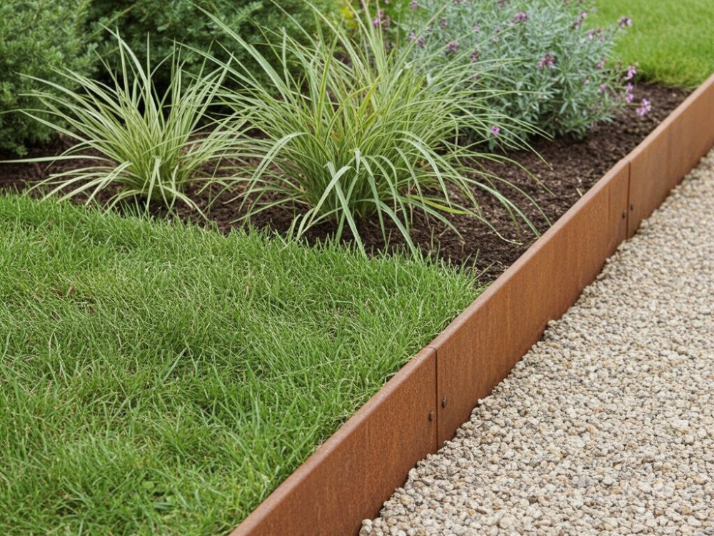 Bedkant i cortenstål med stauder og prydgræsser langs grussti