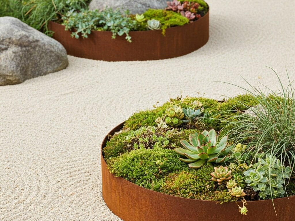 Rund bedring i cortenstål med sukkulenter og sten i dekorativ stenhave